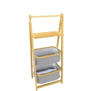 Danny Home 1 Tier Bamboo Storage Rack & Baskets 44.5cm - (Natural & Grey)